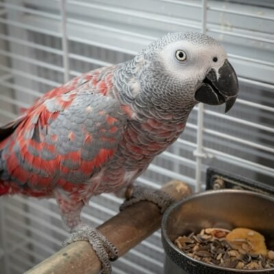 Red Factor African Grey Parrot showing vibrant red feathers on body
